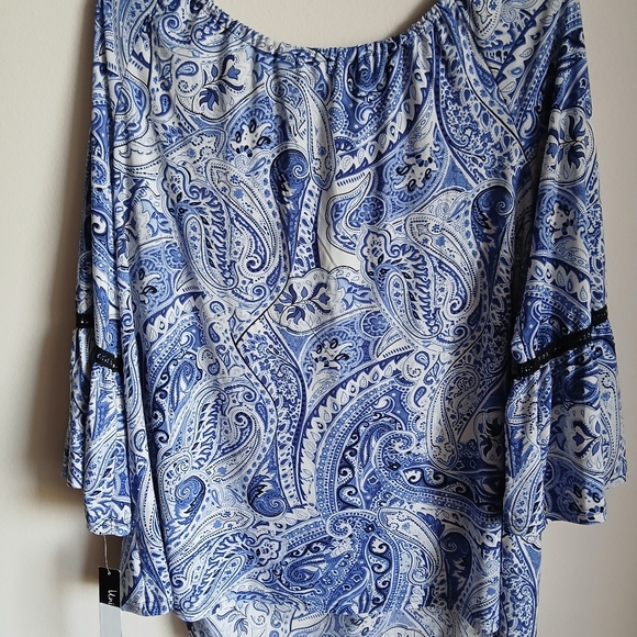 NWT Unique spectrum blue and white black blouse tassle tie 1X - Picture 10 of 12